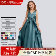 跨境亚马逊中大儿童晚礼服女花童装 A字V领弹力缎面 小伴娘裙外贸