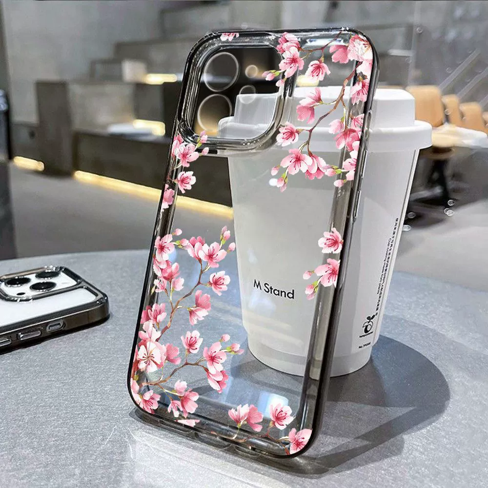 Чехол для телефона (Apple iPhone 7–17 Pro Max) фуксия цветок сакуры, прозрачные вырезы точной подгонки