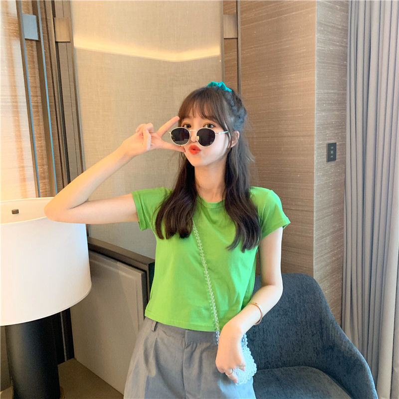 Top corto de manga corta a la moda, color caramelo, cintura alta, color sólido, conjunto de mejores amigas, camiseta de verano para estudiantes, para mujer, 2025