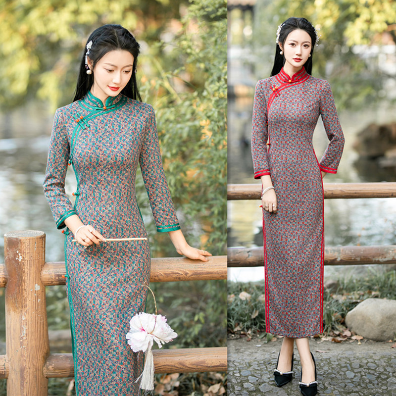 老上海復古國風曼麗絨長款七分袖旗袍2023冬季新款改良中老年旗袍