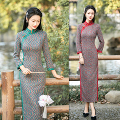 老上海復古國風曼麗絨長款七分袖旗袍2023冬季新款改良中老年旗袍