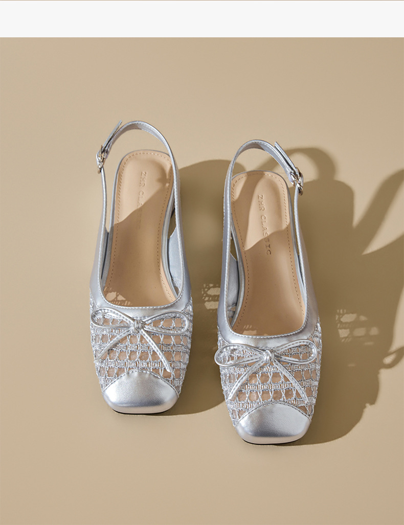Sandal nữ mũi tròn quai ngang nơ bướm cổ điển, gót thấp thoáng khí — CV21 Bạc chi tiết 20