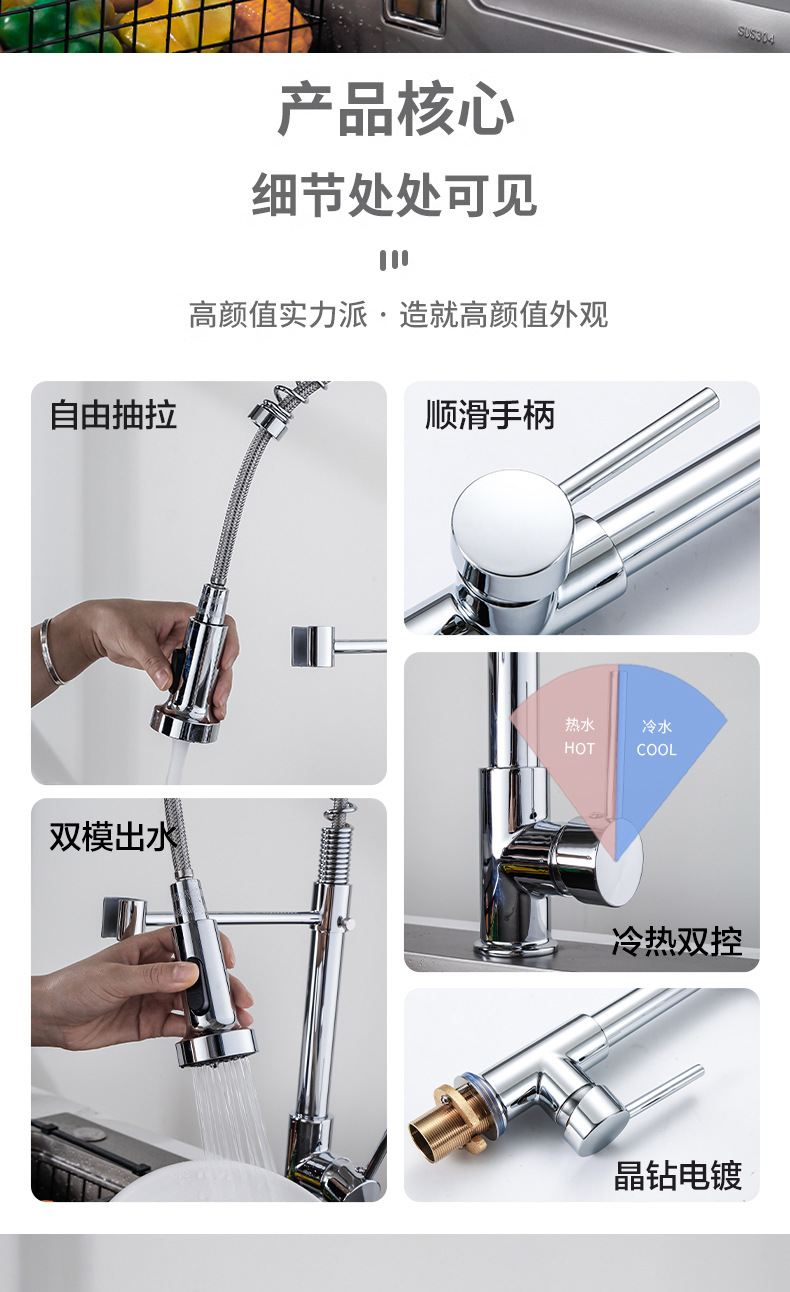 Wholesale manufacturer of cross-border spring pull-out faucet for kitchen cold and hot multi-functional telescopic rotating sink faucet details Picture