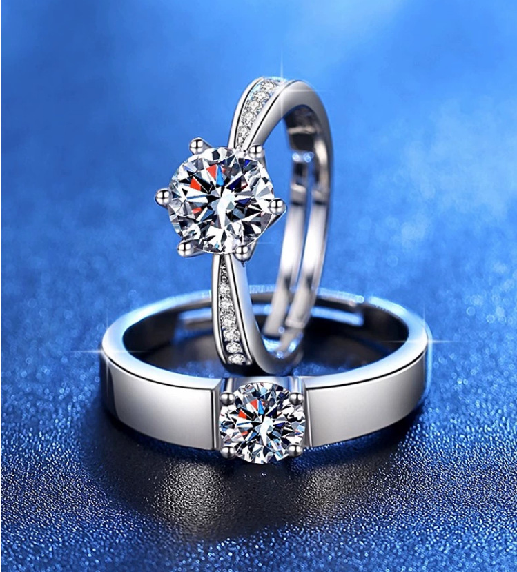 Classic Diamond Couple Rings Adjustable Engagement Set_voghion.com