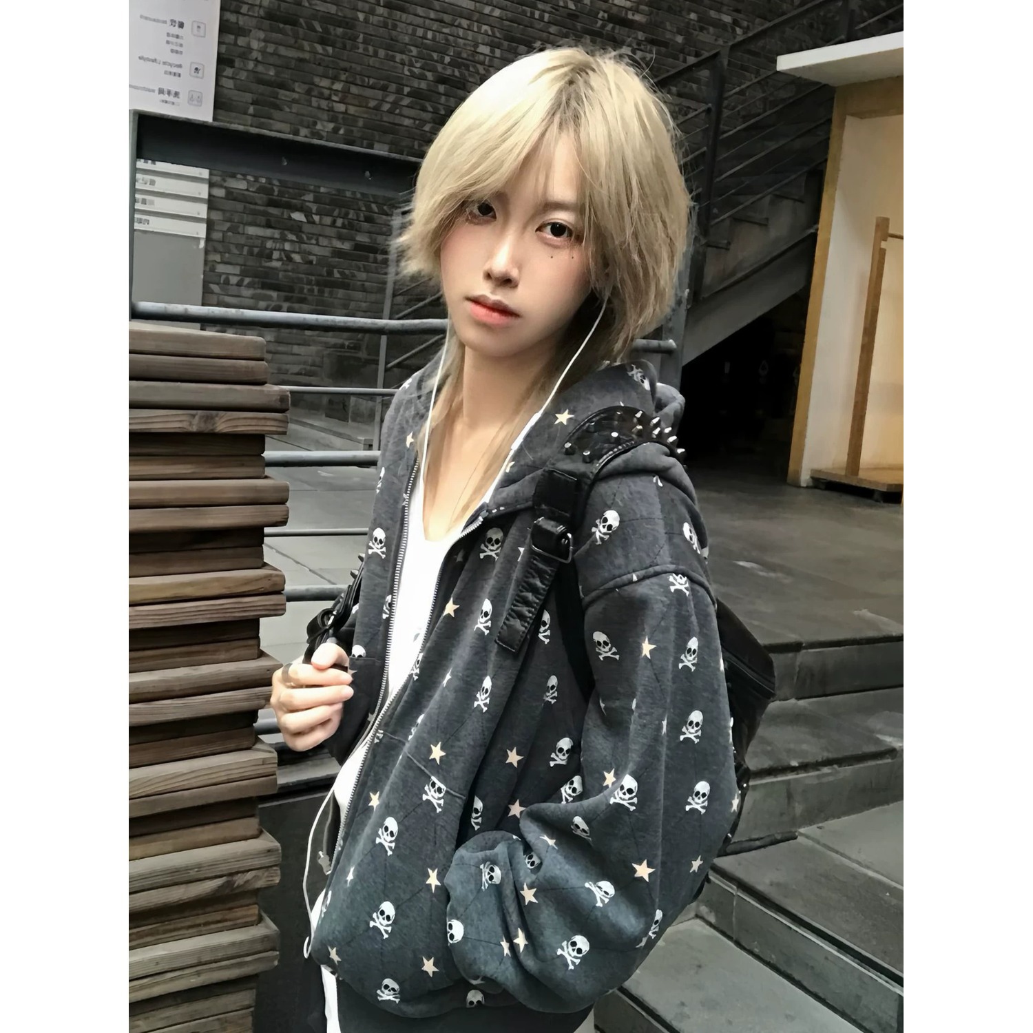 星星骷髅头印花加绒连帽卫衣cleanf短宽复古轻亚上衣个性外套男女