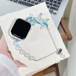 适用华为苹果手表iwatch10表带珍珠调节贝壳吊坠手链金属手工串珠