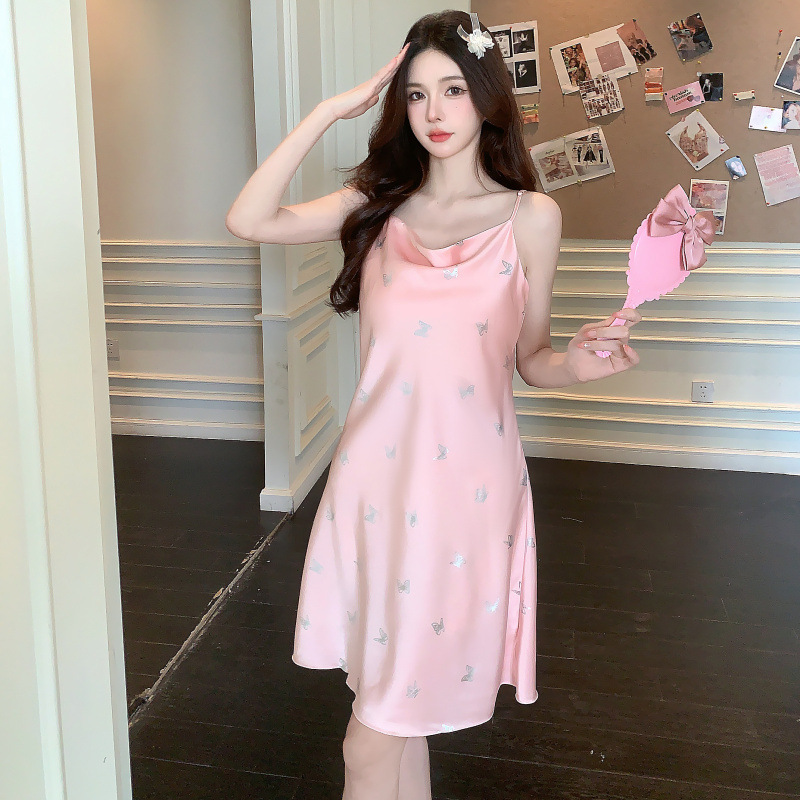 2024 verano plata caliente mariposa alta sensualidad hielo y nieve jacquard delgado collar swing vestido de pijama de mujer pura