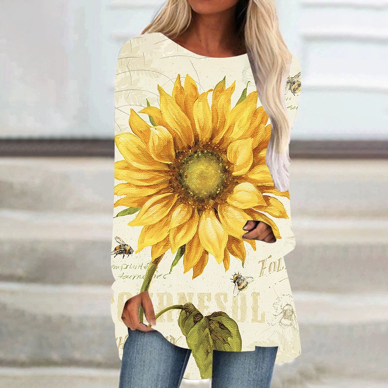 AliExpress Amazon весна и осень 3D цифровая печать женская футболка с круглым вырезом подсолнух