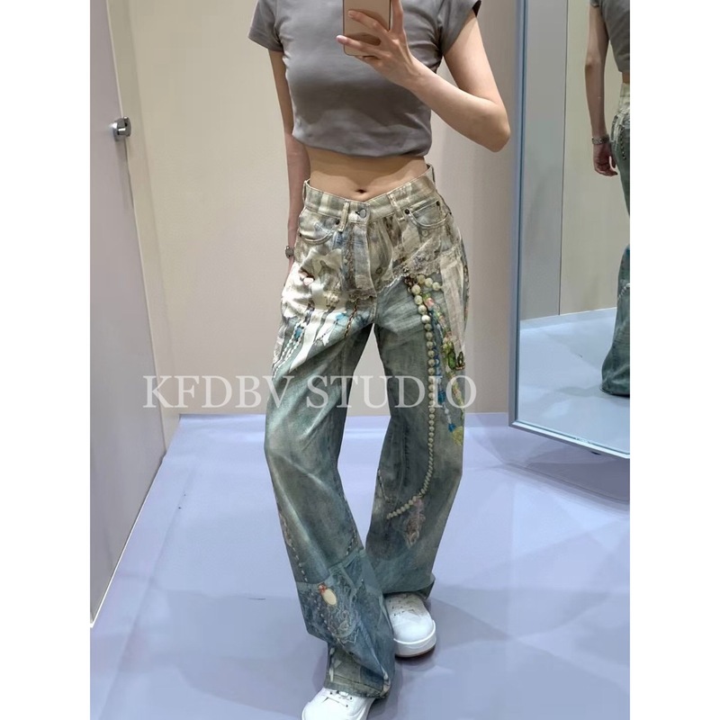 2025秋冬新款3D蕾丝珍珠链条印花男女同款小众设计修身牛仔裤女|undefined
