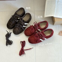真皮红色平底双鞋带德训鞋女2025新款韩版休闲百搭复古时尚运动鞋