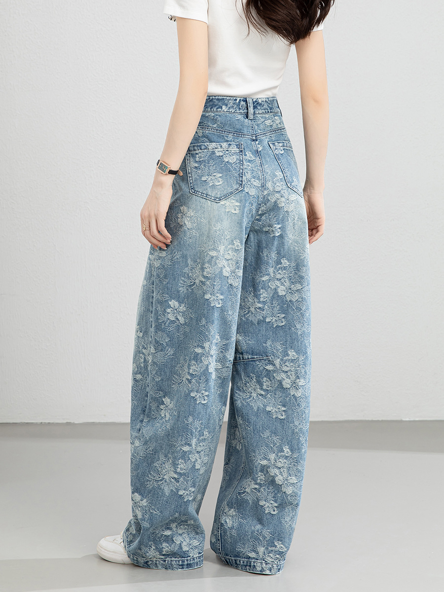 Quần jean nữ ống rộng cạp cao họa tiết jacquard kiểu Trung Hoa mới — xanh lam