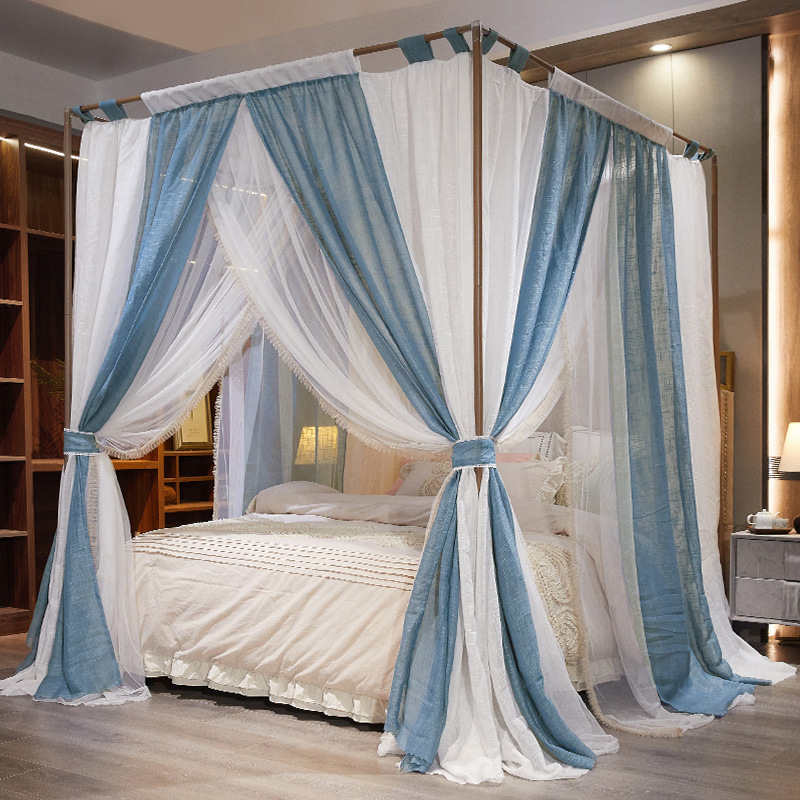 @歐式宮廷落地蚊帳亞麻雙層遮光布三門開酒店民宿防塵蚊帳床幔