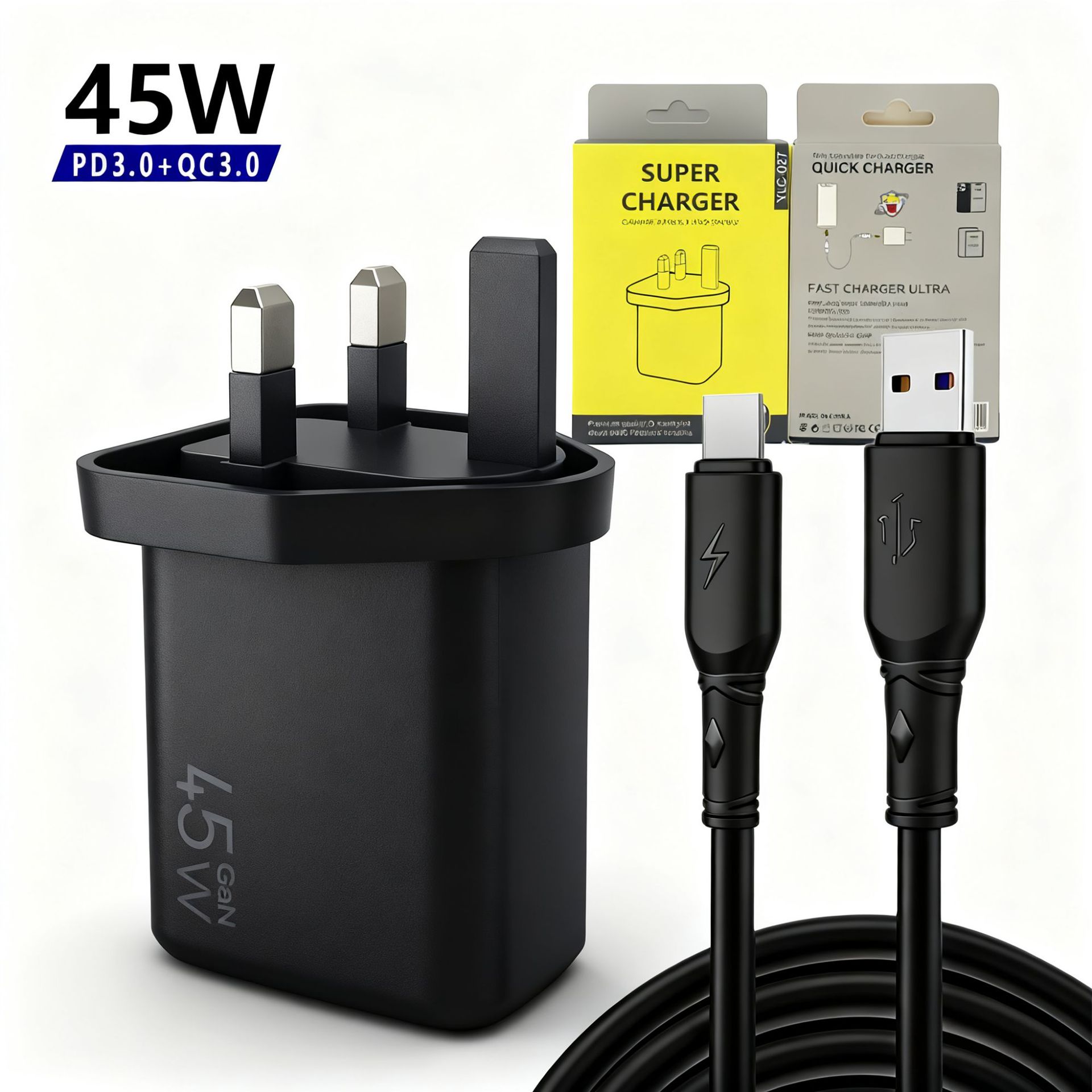 45w欧规超级快充双口USB A+ TYPE C PD快充手机充电器数据线套装