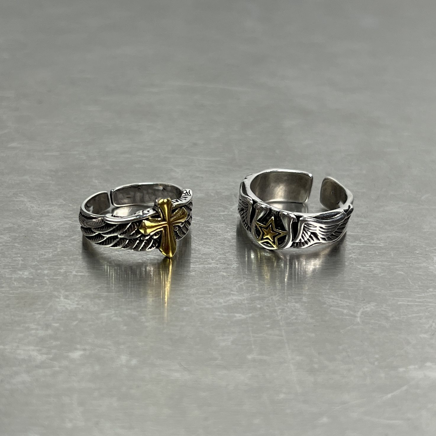 Anelli impilabili da uomo, ala vintage placcata in argento per uomo, anello per indice alla moda hip-hop con croce singola e stella, anello impilabile_voghion.com
