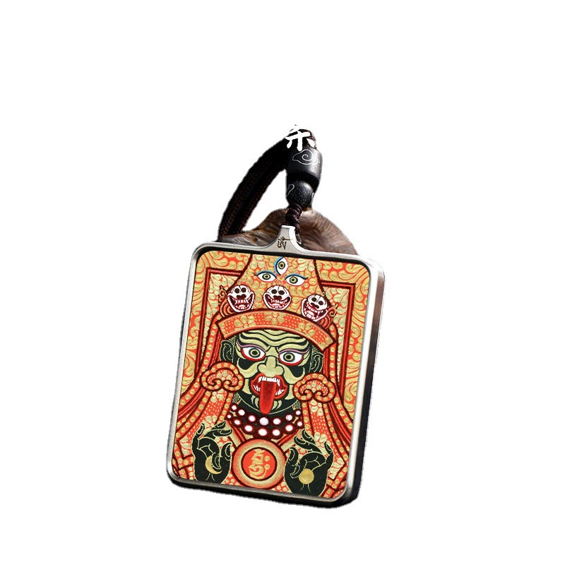Thangka Yellow Fortune God Zakiram Wenshu Pharmacist Lvdu Mother Tibetan Thangka retro titanium steel pendant
