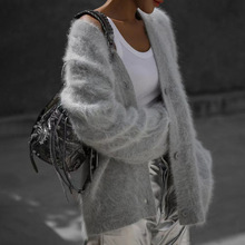 欧美风宽松慵懒v领仿水貂绒针织衫外套女毛绒绒软糯毛衣开衫披肩