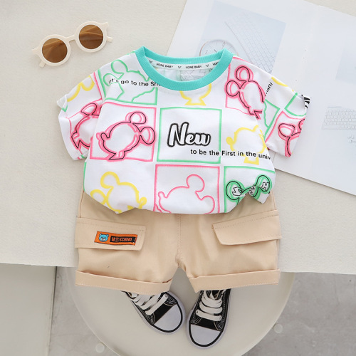 T-shirt Letter Print Two-Piece Summer Set for Boys with Round Neck Short Sleeve Casual Clothing