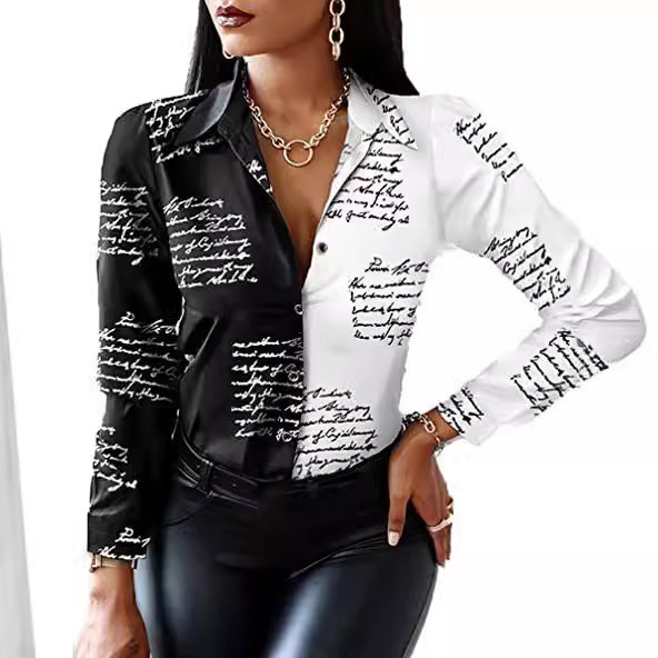 2023 independent station wish Amazon fashion autumn loose long sleeve v collar button printed shirt shirt women's clothing