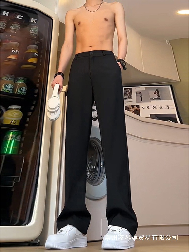 Black Straight-Leg Dress Pants with Drape, Curved Hem, Slight Flare, Fleece-Lined, Men's Autumn Extended Casual Wholesale