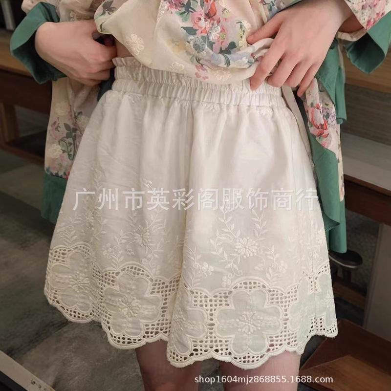 Japanese Style Sweet Embroidery Hollow Crochet High Waist Wide Leg Pants Short Loose Casual Outer Wear Lace Pants