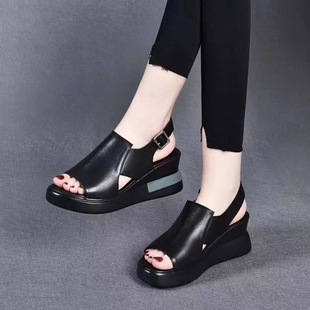 Thick-soled Wedge Sandals Women's 2022 New Summer Single-layer Shoes Women's Shoes Soft Leather Elevated Platform Shoes