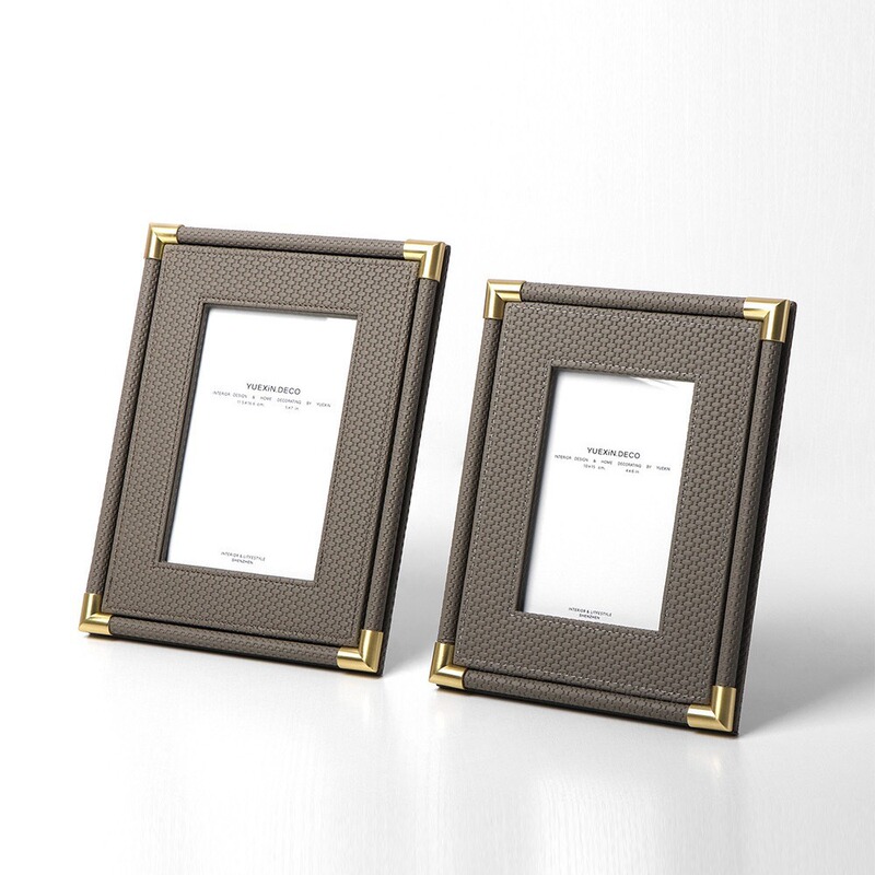 Simple Modern Home Light Luxury Woven Pattern Leather Photo Frame Model Room Bedroom Decoration Gray Metal Picture Frame Table Simple Modern Home Light Luxury Woven Pattern Leather Photo Frame Model Room Bedroom Decoration Gray Metal Picture Frame Table