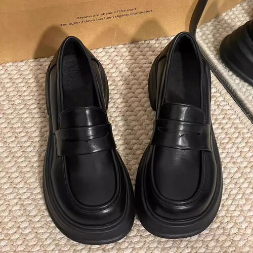 34-46 women's black small leather shoes in English style, retro JK school uniform single shoes size 41, height increasing thick sole loafers