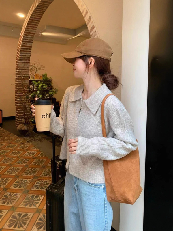 法式黄色翻领长袖毛衣外套女2025早秋新款双拉链设计针织开衫上衣|undefined