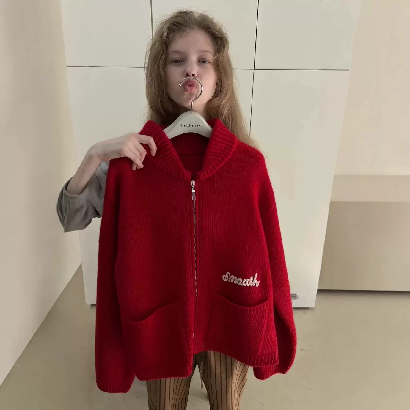 现H2025冬季新款韩国东大门smooth*ood毛衣翻领100羊毛针织开衫女