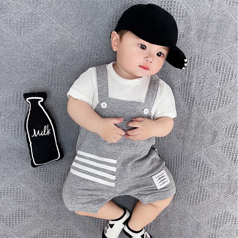 Baby short sleeve jumpsuit summer thin striped cotton half sleeve romper handsome baby boy clothes gray romper