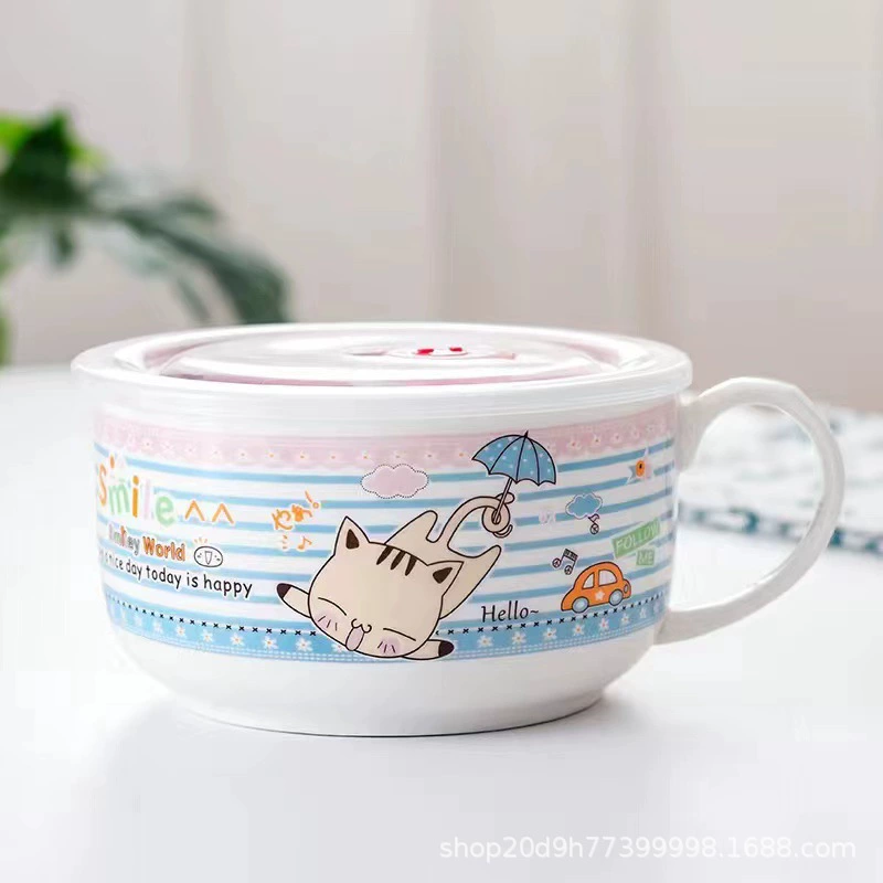 Microwave ceramic noodle bowl with lid and handle, 5.25″ and 6″, cute printed designs