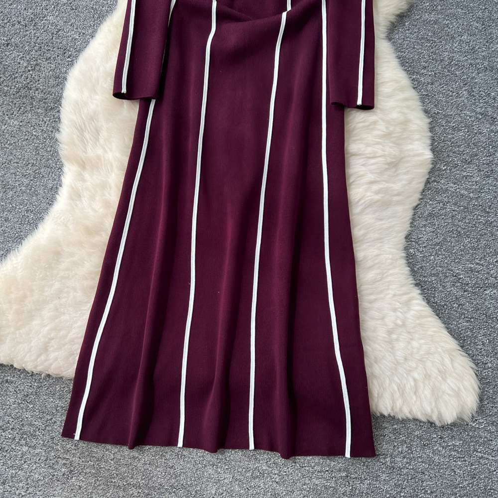Women's Clothing High End Niche Fashion Women's Slim Long Sleeve Sweater Dress With Contrast Color Edge Stitching Waist Round Neck Style_ecoleips.com