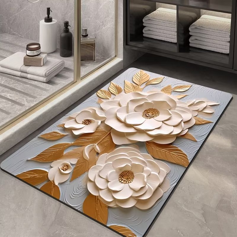 Carved flower diatomaceous earth bathroom mat, rubber water-absorbent non-slip door mat with 3D effect flooring