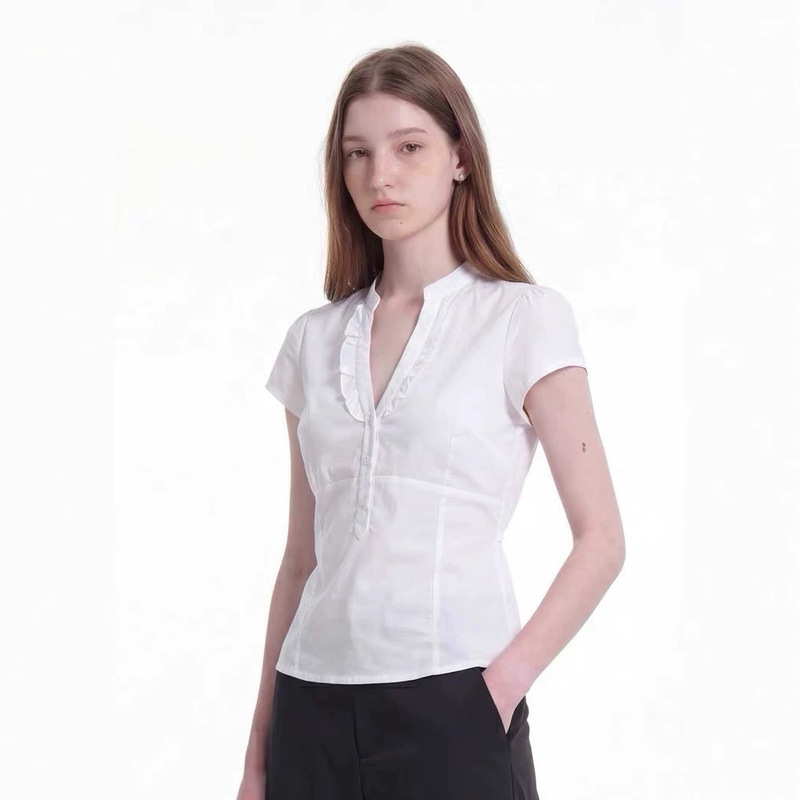 Coie Spring and Summer American Retro Lace V-Neck Button Slim Waist Shirt White Short-Sleeved Simple and Versatile Women's Top