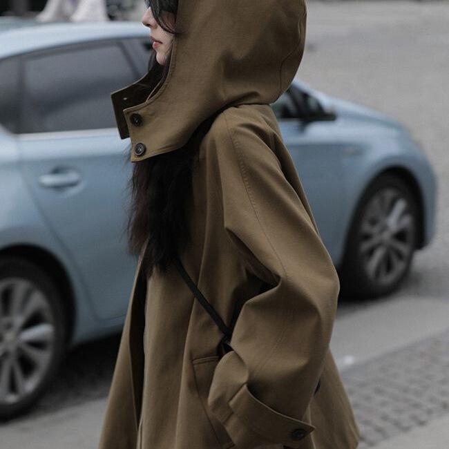 Design Short Windbreaker A-Line Silhouette Loose Hooded Cloak Coat Women's Autumn Harajuku Hong Kong Style Cardigan Jacket