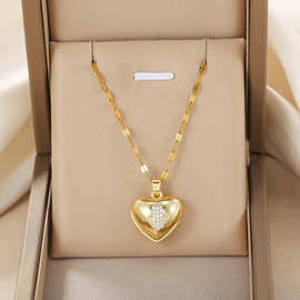 【钛钢】活动爱心珍珠轻奢气质华丽满钻项链女百搭锁骨链钛钢链条