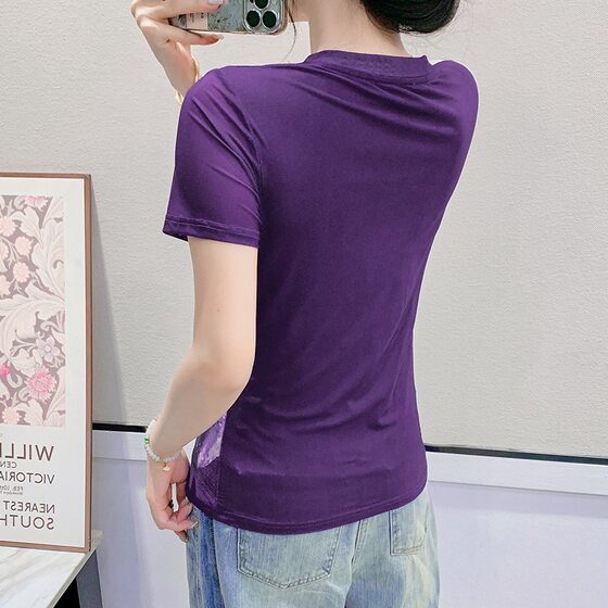 Southeast Asia and Europe 2025 New Style Elegant Mesh Positioning Printed Fashion V-Neck Short-Sleeve T-Shirt Women's Trendy Top