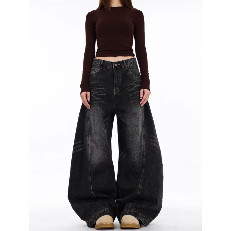 [Distribution Recommendation] American Retro Cat Whiskers Washed Black Lazy and Relaxed Scimitar Jeans Loose Wide Legs