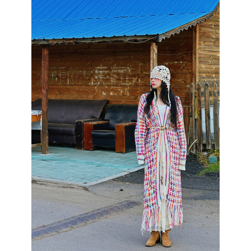 Demi-season ethnic knitted woolen long cardigan