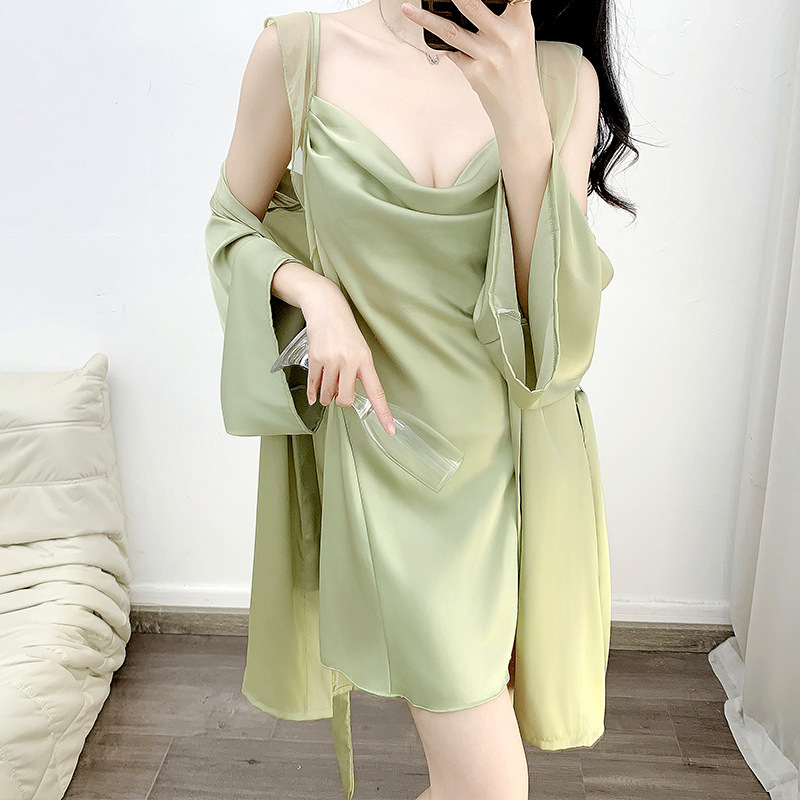 2025 New Style Suspender Two-Piece Nightgown, Nightgown with Breast Pad, Home Clothes, Women's Pure Lust Style Ice Silk Thin Pajamas