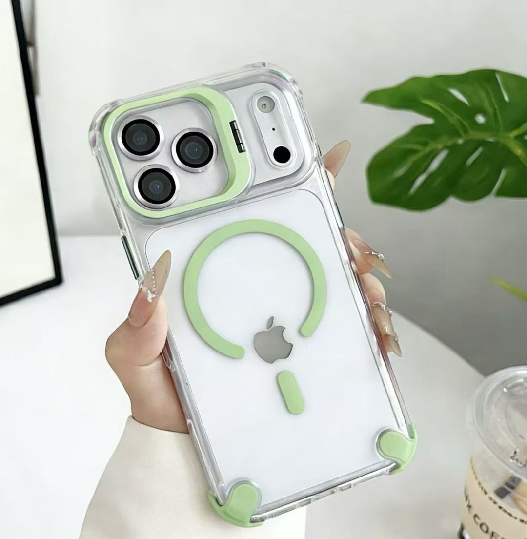 Aplicable a Apple 17PRO soporte de lente metálica de succión magnética caso de teléfono celular iPhone14 bolsas de aire cuadrangulares caso duro transparente