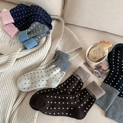 加厚保暖羊毛拼色小波點撞色中筒襪子女秋冬日系堆堆襪圓點百搭襪