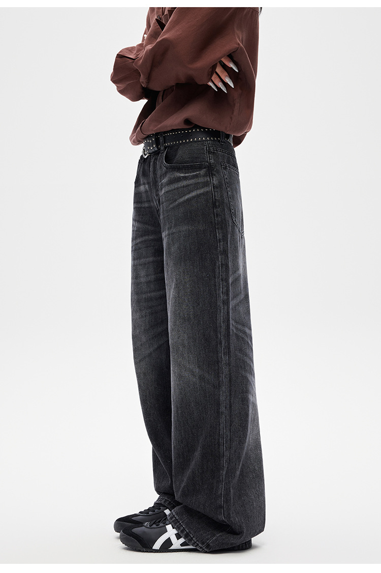 Men's Clothing Whiskered Denim Jeans American Style Straight Leg Retro Loose Fit Wide Leg Washed Black Trousers For Men And Women_mkmklike.com