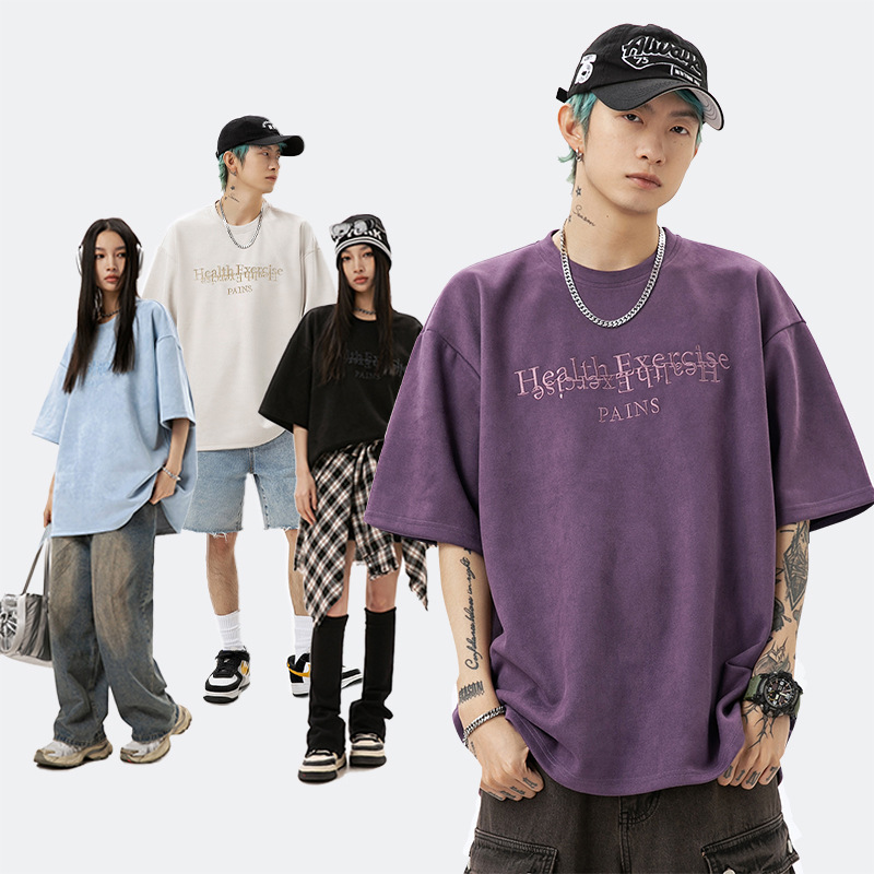 Retro Texture Suede Short-Sleeved T-Shirt for Men and Women, Spring and Summer Trendy Brand Embroidered Letters, High Street American T-Shirt Q