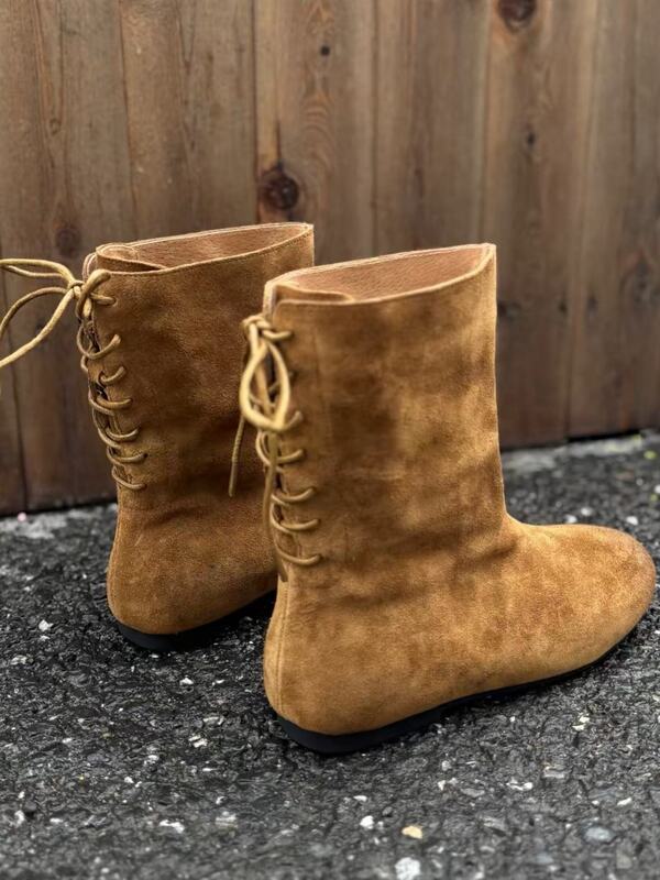 Bốt nữ cổ thấp mũi tròn da lộn quai hậu đế bằng — Màu cà phê, Màu kaki