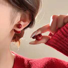 爱心车厘子前后式复古秋冬酒红色爱心圆球高级双面耳环2025新款潮