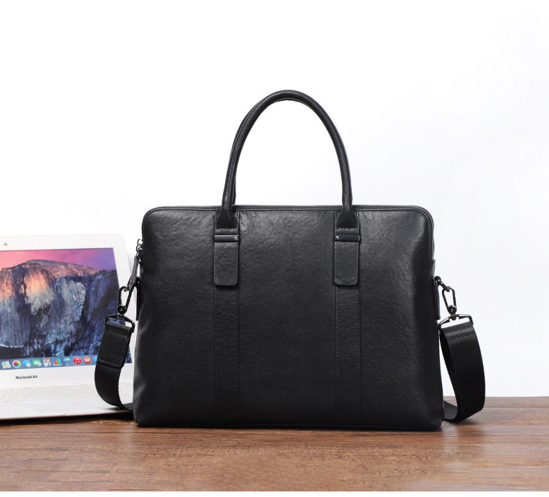Túi xách tay nam công sở da bò thật hai ngăn khóa kéo, cặp mỏng đeo chéo một vai 39×7×29 cm — Màu đen chi tiết 3