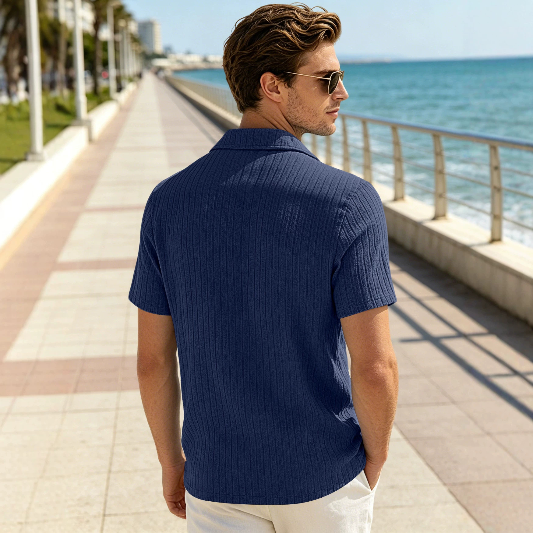 Camisas europeas de hombre transfronterizas de verano relajadas y casuales con solapa transpirables, toallas de color sólido, jacquard, camisas de manga corta