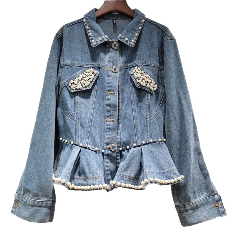 2026 primavera nuevo temperamento de moda versátil adelgazamiento perlas chaqueta de vaqueros de manga larga de diseño de mujer nicho superior