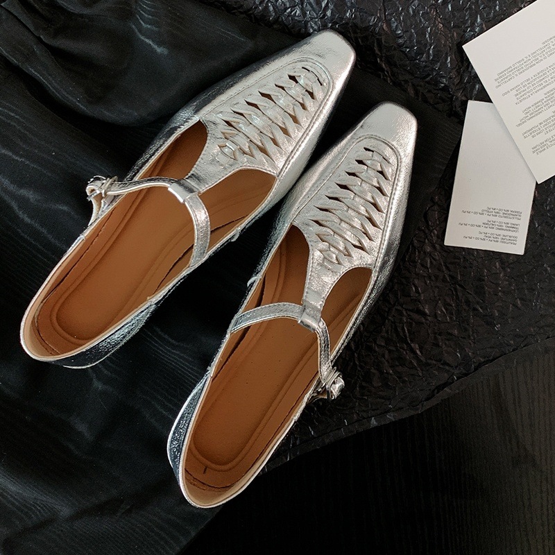 Giày Mary Jane nữ đan T-Strap da thật mũi vuông đế bệt — màu đen, bạc chi tiết 89